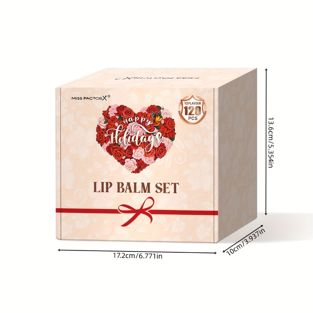 Lip Balm 120-Piece Bulk Set with 12 Flavors, Glossy Twist-Up Tubes and Divided Gift Box Packaging