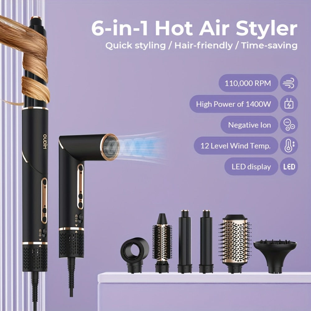 OUDIM 6-in-1 Hot Air Brush Hair Styling Tool with 110,000 RPM Motor, Foldable Handle and Storage Bag