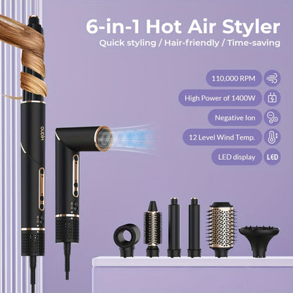 OUDIM 6-in-1 Hot Air Brush Hair Styling Tool with 110,000 RPM Motor, Foldable Handle and Storage Bag