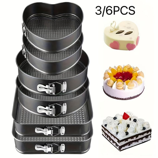 Removable Bottom Cake Pan Set, Nonstick Carbon Steel Round & Heart Shaped Springform Baking Pans, Easy Release Cake Molds for Cheesecake Mousse Layer Cake, 3-Piece or 6-Piece, Black