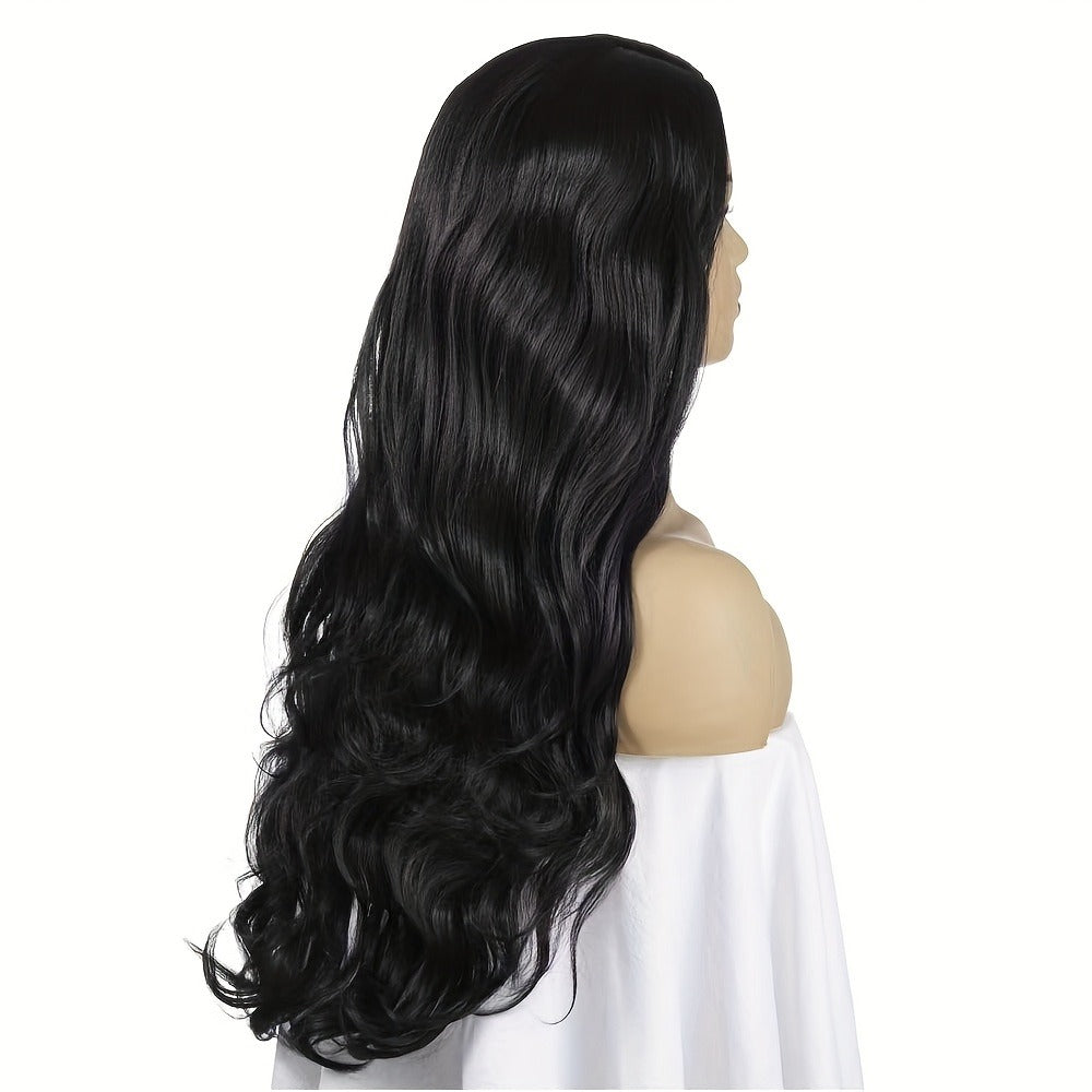 Synthetic Wig 28-Inch Big-Wave Curly Headband Style in Dark Brown or Black for Parties and Weddings