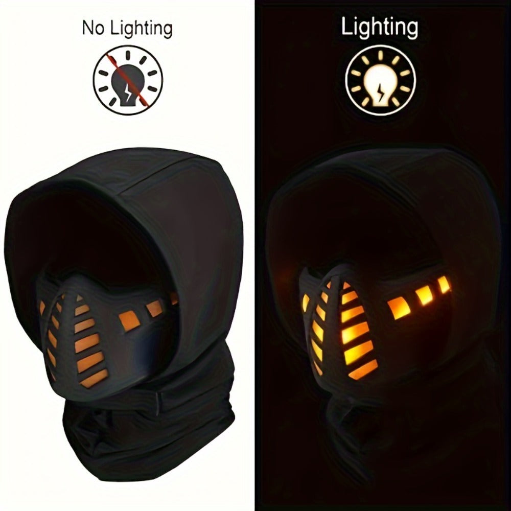 LED Commander Costume Mask with Amber Light Panels, Black Lower-Face Shell and Hood-Style Fabric Cover