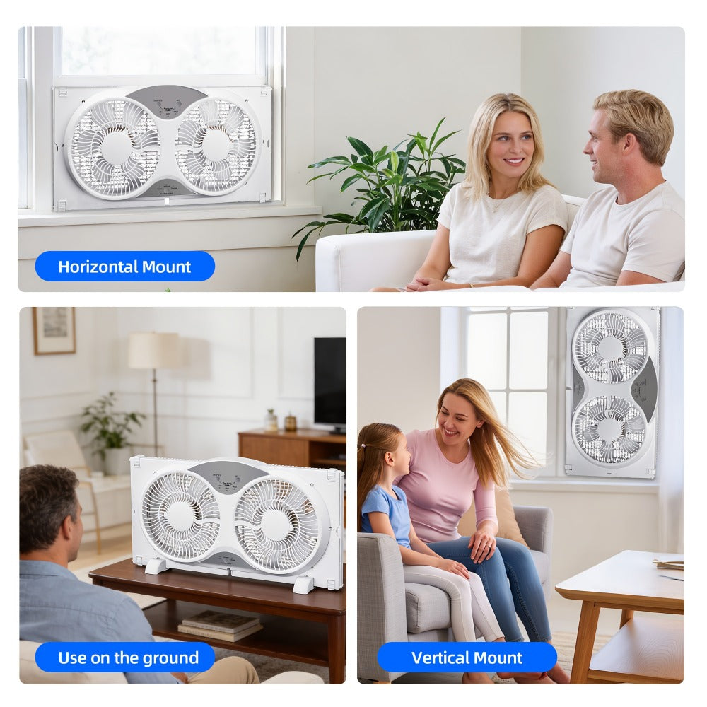 Window Fan 9 Inch Twin Expandable Dual Fan, 3-Speed with Remote Control or Manual Control for Home Cooking, Dining and Outdoor Meals