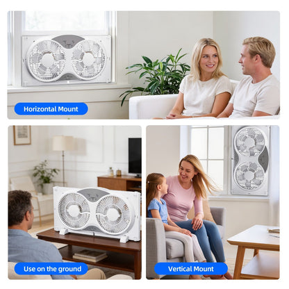 Window Fan 9 Inch Twin Expandable Dual Fan, 3-Speed with Remote Control or Manual Control for Home Cooking, Dining and Outdoor Meals