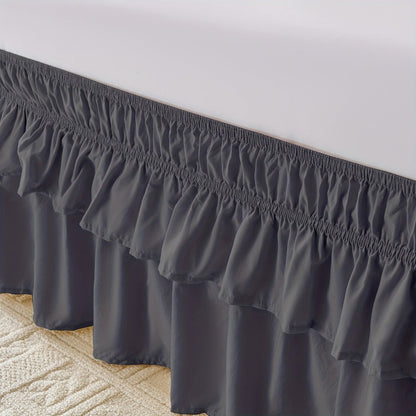 Double Ruffle Bed Skirt 16" Drop | Elastic Wrap Around Dust Ruffle for Twin Full Queen King Bed | Easy Install Machine Washable Soft Linen Poly Blend Bedskirt