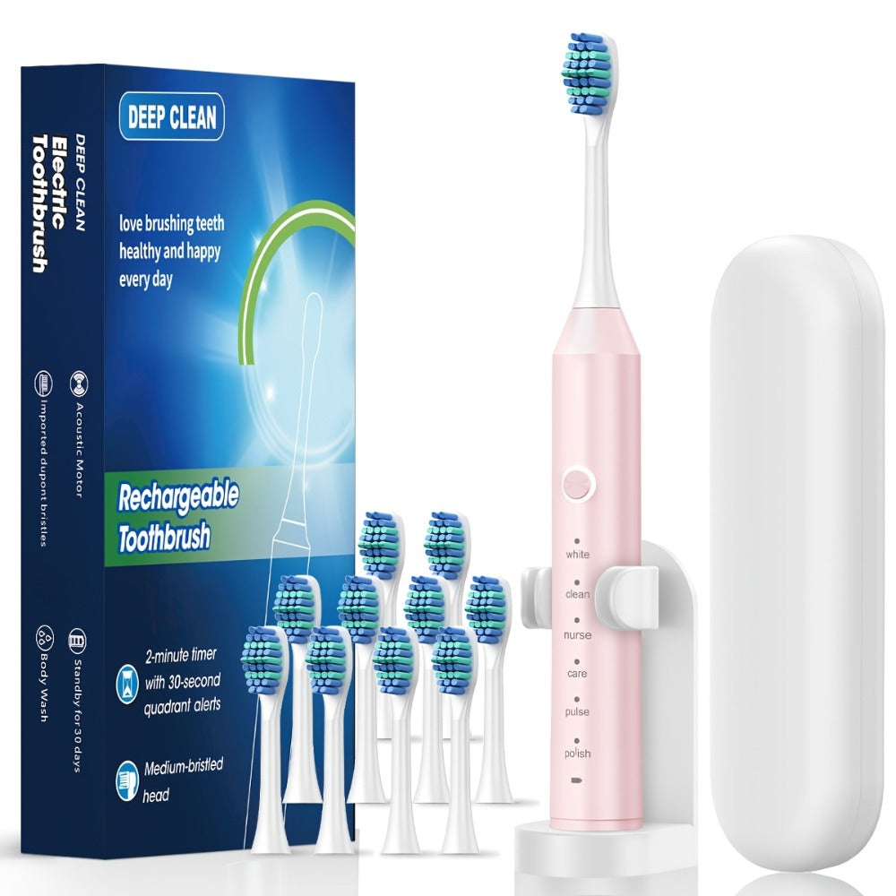 Electric Toothbrush with Six Modes, 500mAh Battery, USB Charging and Four or Eight Brush Head Bundles