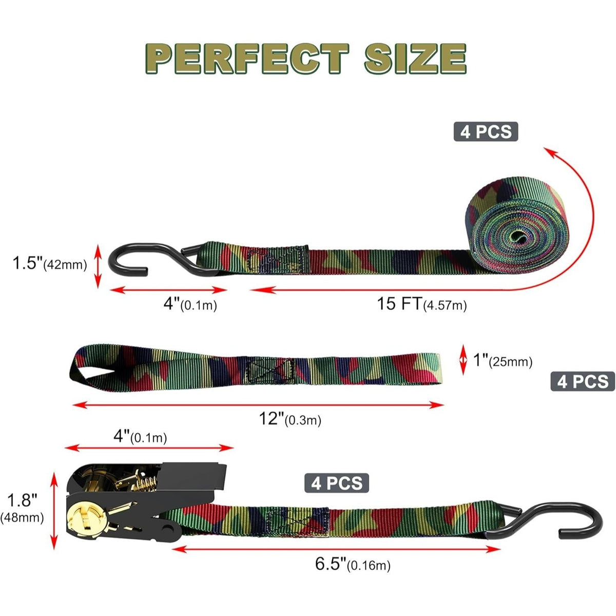Ratchet Tie Down Straps 4-Pack 15FT 1,500 lb Break Strength Heavy Duty with Soft Loops & Storage Bag – High-Visibility Webbing for Motorcycle ATV Kayak Truck Bed Trailer Roof Rack