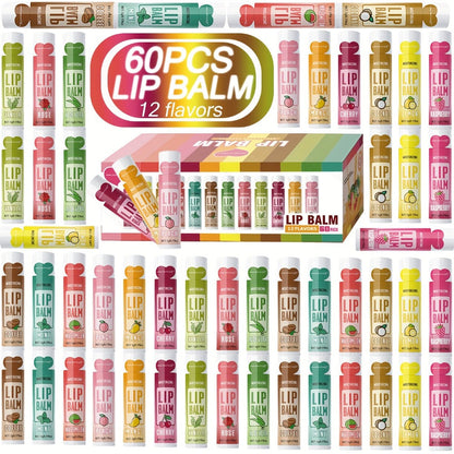 60-Piece Tube Lip Balm Set with 12 Pictured Flavor Labels in a Multicolor Display Box Assortment