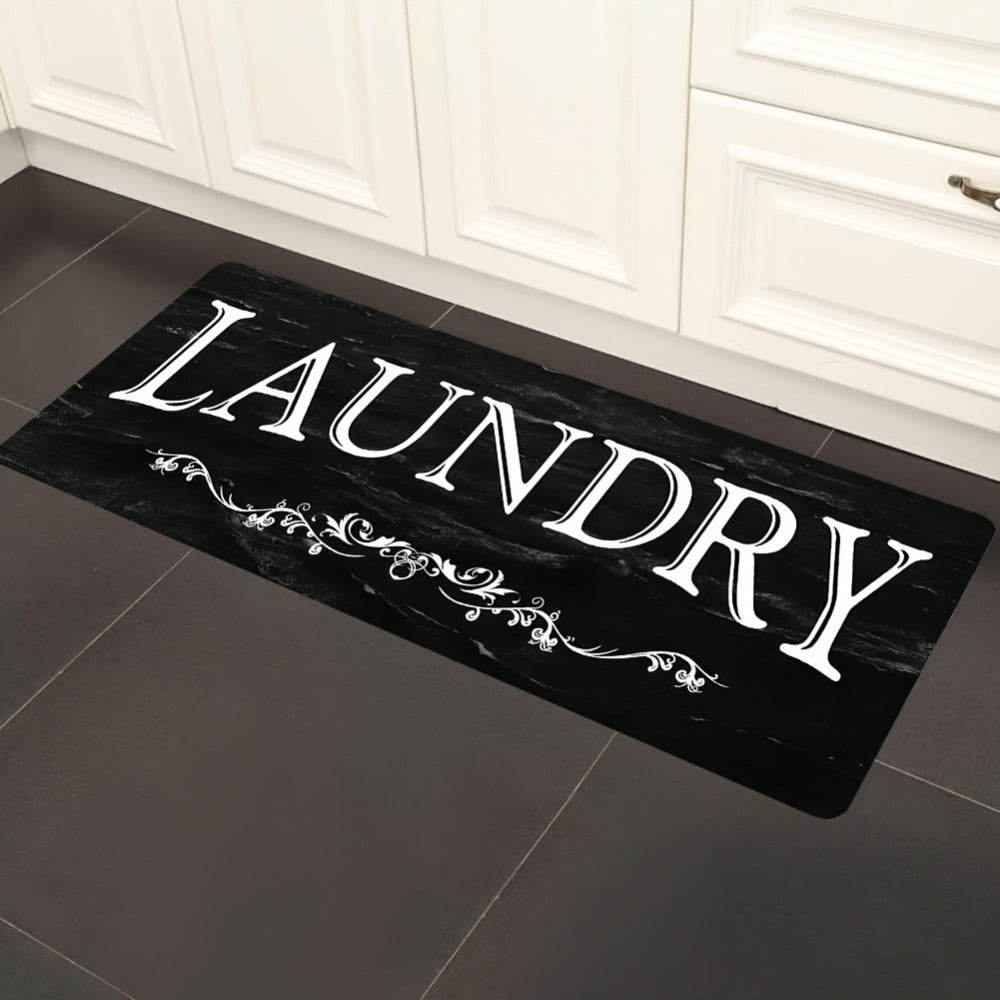 Black and White Laundry Room Mat with Bold LAUNDRY Text in 45 x 120 cm and 45 x 150 cm Size Options