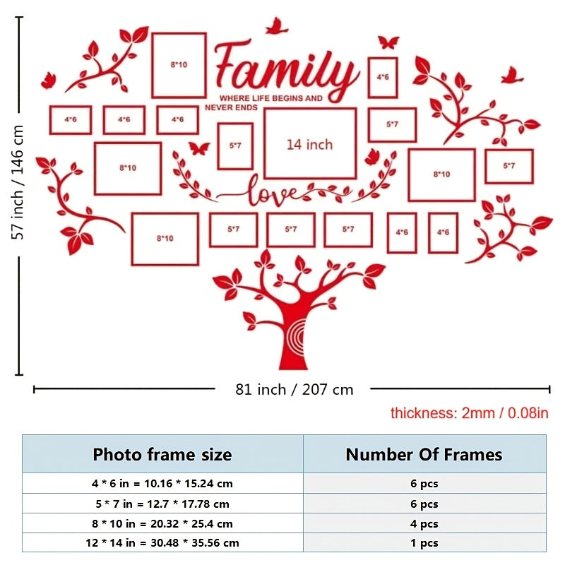 Family Tree Acrylic-Look Wall Decal and Photo Frame Collage with Leaf Shapes, Family and Love Text