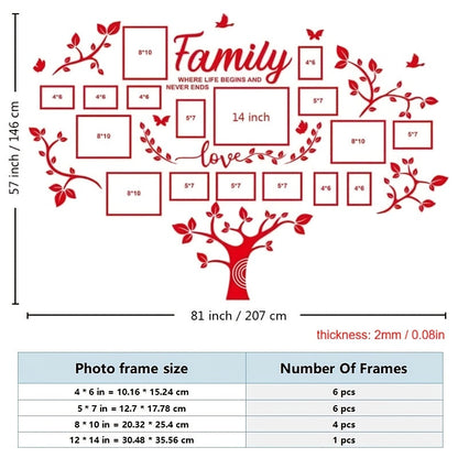 Family Tree Acrylic-Look Wall Decal and Photo Frame Collage with Leaf Shapes, Family and Love Text