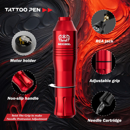 Tattoo Machine Kit Neebol Wireless Pen with Screen Display, 10 Cartridges, 7 Inks and Four Color or Pro Options