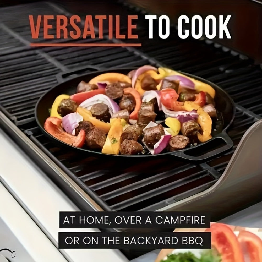 32cm Cast Iron Skillet with Dual Loop Handles and Shallow Round Profile for Gas, Induction, Oven or Campfire