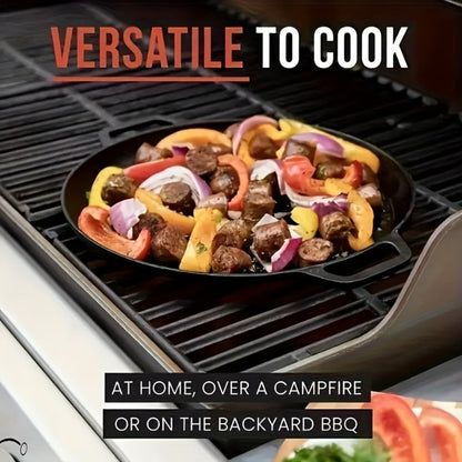 32cm Cast Iron Skillet with Dual Loop Handles and Shallow Round Profile for Gas, Induction, Oven or Campfire