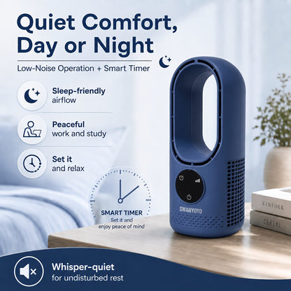 Portable Bladeless Fan USB Tower Fan, Desktop Air Conditioner Fan with Water Mist Cooling, Remote Control, Touch Screen, 7-Color LED Ambient Light and Timer, Personal Cooling Fan for Office, Travel, Camping, Home