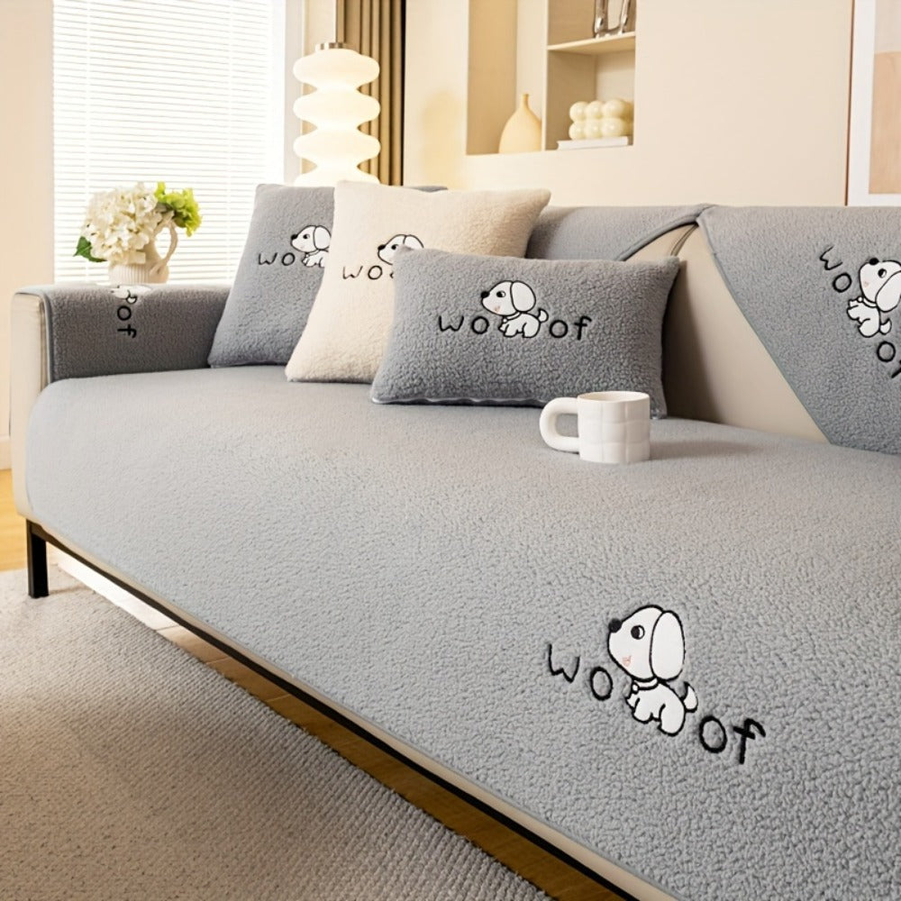Sofa Cover Embroidered Plush-Texture Panels for Single to 4 Seats, Backrest, Armrest or Pillowcase