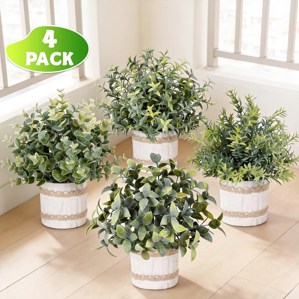 Mini Artificial Potted Plants 4 Pack – Realistic Fake Greenery in White Pots for Home, Office & Party Decor | No Watering Needed Low-Maintenance Indoor Outdoor Faux Plant Set | Housewarming Gift