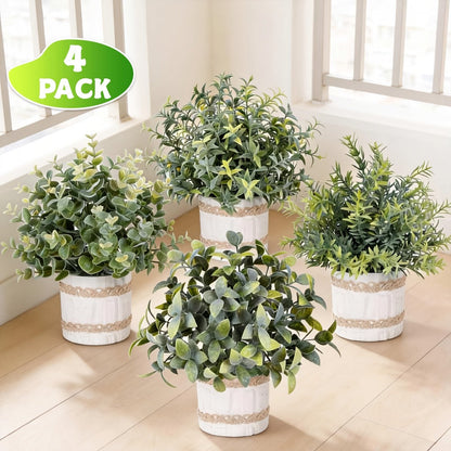 Mini Artificial Potted Plants 4 Pack – Realistic Fake Greenery in White Pots for Home, Office & Party Decor | No Watering Needed Low-Maintenance Indoor Outdoor Faux Plant Set | Housewarming Gift