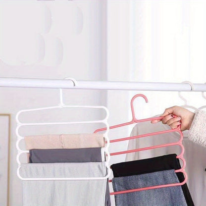 Five-Tier Pants Hangers, 5-Piece Set in Blue, Pink or Green with Horizontal Space-Saving Garment Bars