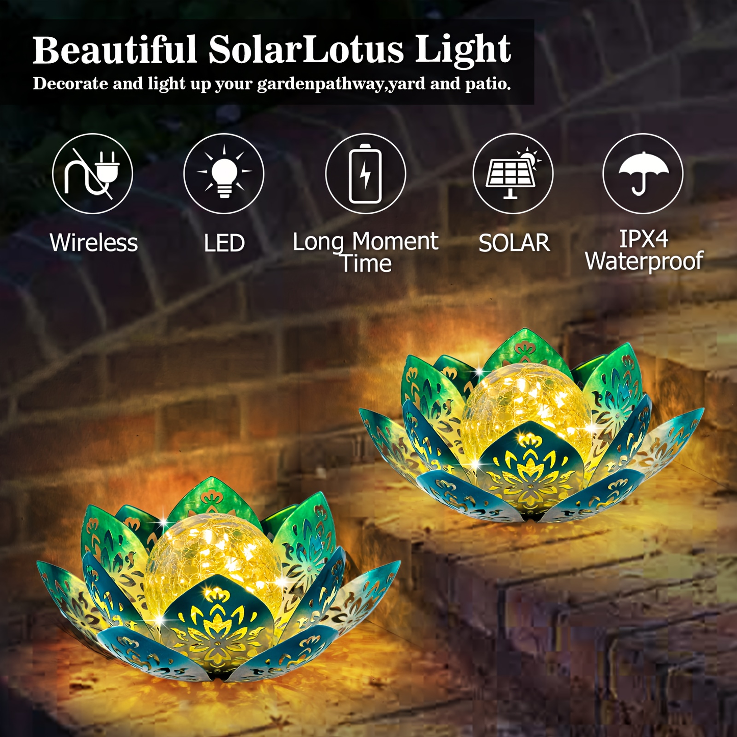 Solar Garden Light Lotus Flower with Cracked Glass Globe, IPX4 Rating and Three Color Options