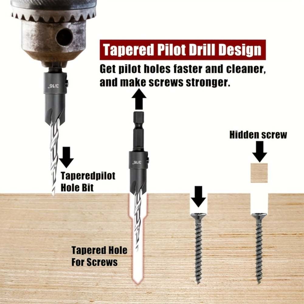 5pcs Countersink Drill Bit Set #4 #6 #8 #10 #12 Tapered with 1/4" Hex Shank Quick-Change – Adjustable Wood Counter Sinker Bits with Allen Wrench for Woodworking