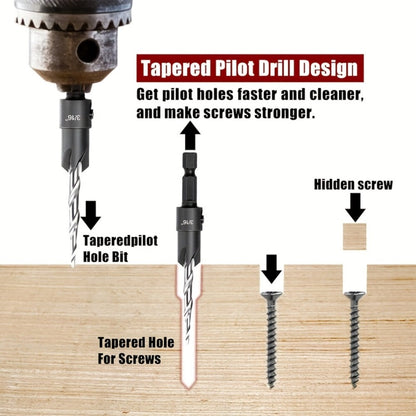 5pcs Countersink Drill Bit Set #4 #6 #8 #10 #12 Tapered with 1/4" Hex Shank Quick-Change – Adjustable Wood Counter Sinker Bits with Allen Wrench for Woodworking