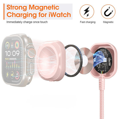 24-Inch Pink Braided Charging Cable with USB-A Input, Lightning, USB-C and Magnetic Watch Pad