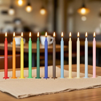 Unscented Chime Candle Set with 6.3-Inch Slim Paraffin Tapers in Assorted Colors and 24- or 48-Piece Packs