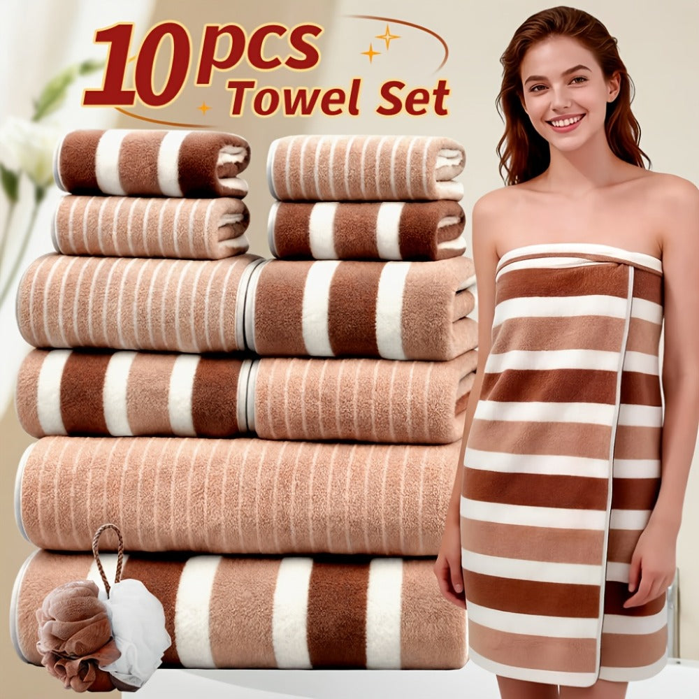 Towel Set 1, 3 or 10 Piece Polyester Striped Options with Bath, Face and Hand Towels for Home and Guest Use