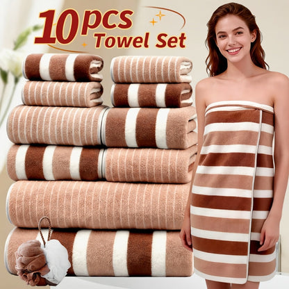 Towel Set 1, 3 or 10 Piece Polyester Striped Options with Bath, Face and Hand Towels for Home and Guest Use