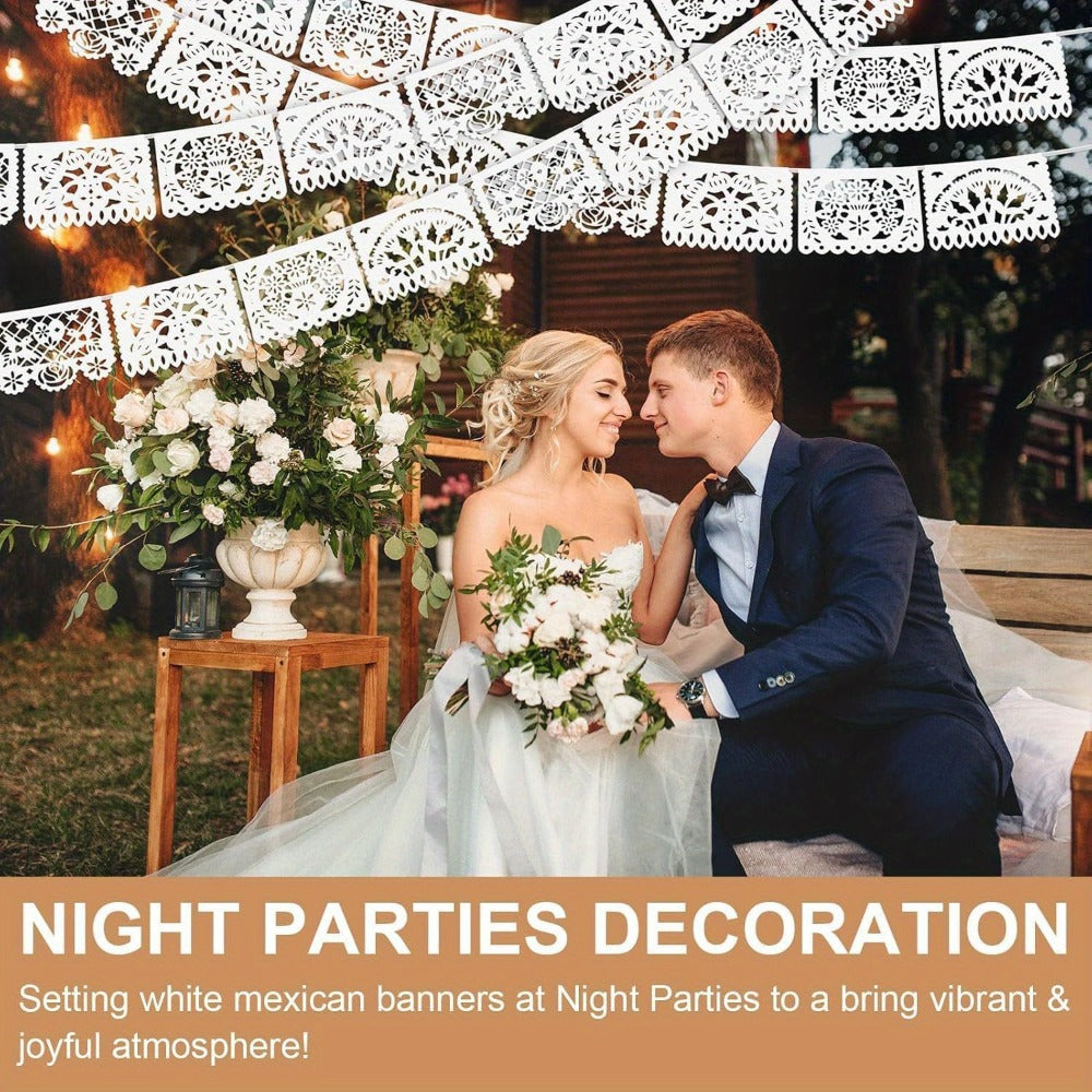 Party Decorations Five-Pack White Papel Picado Banner Set with Four Cutout Designs and 90ft Total Length