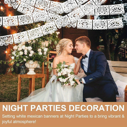 Party Decorations Five-Pack White Papel Picado Banner Set with Four Cutout Designs and 90ft Total Length