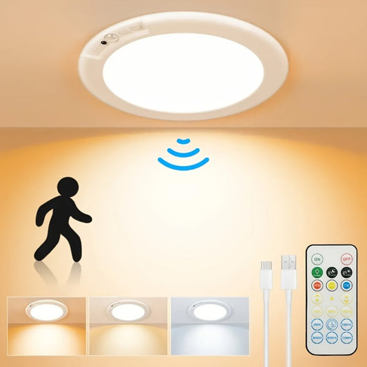 Rechargeable Ceiling Light No Wiring – Battery Operated LED Ceiling Light with Remote Control, Motion Sensor, Dimmable & Timer, Wireless Overhead Light for Bathroom Pantry Hallway Closet Porch Garage
