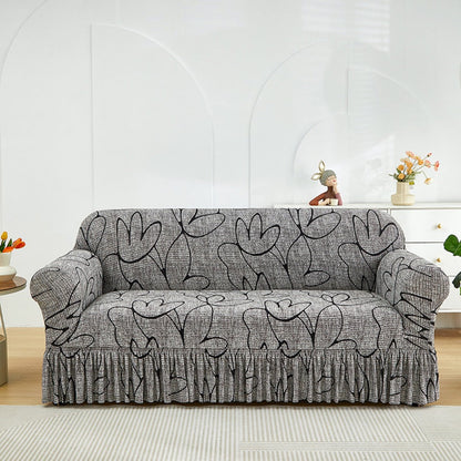 Sofa Cover Gray Printed Skirt Slipcover with Elastic Stretch Fit for 1, 2, 3 or 4-Seater Sofas