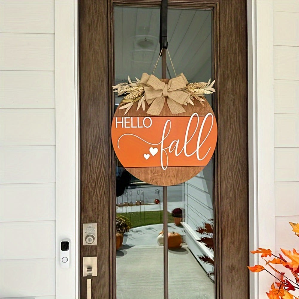Hello Fall Pumpkin Door Hanger with Wheat Sprays, Layered Bow and 11.8-Inch Round Wood-Look Sign