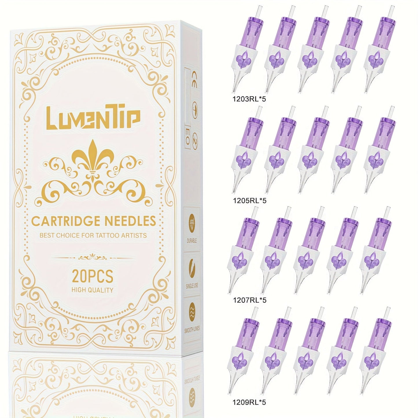 Tattoo Cartridge Needles with LumenTip Label, 20 or 50-Piece #12 RL RS RM M1 Cartridge Pack Choices