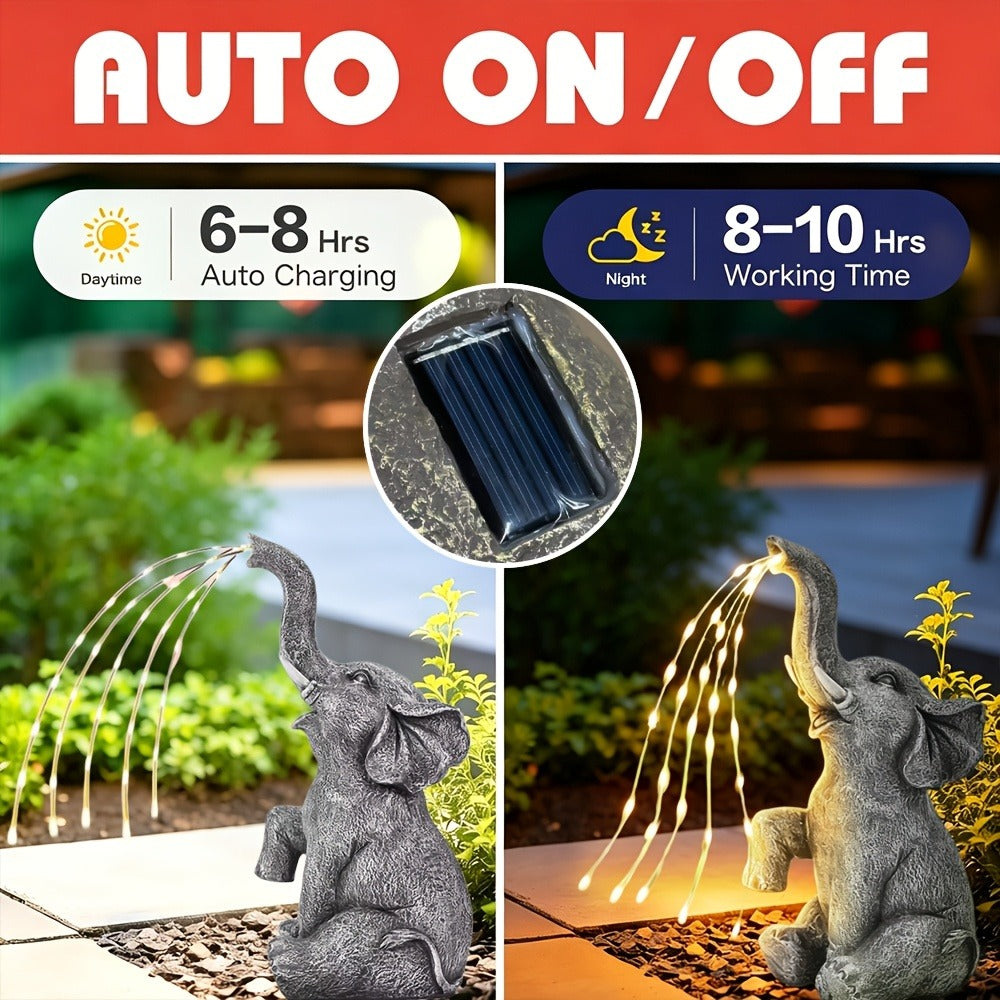 Solar Garden Light Elephant Sculpture with LED Water-Spray Effect, IP44 Rating and Freestanding Display