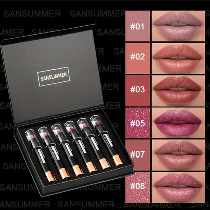 Matte Velvet Crayon Lipstick Gift Box Set 6 Shades Waterproof Long Lasting Highly Pigmented Easy Apply Twist-Up Lip Color for Women All Skin Tones Daily Wear Travel & Gifting