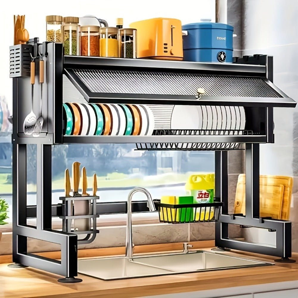 Dish Drying Rack Multi-Layer Kitchen Countertop Organizer - Dust-Free Drainer for Plates Bowls Utensils