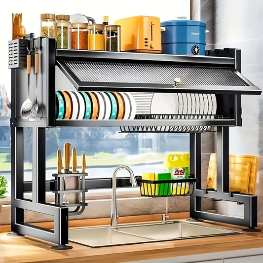 Dish Drying Rack Multi-Layer Kitchen Countertop Organizer - Dust-Free Drainer for Plates Bowls Utensils