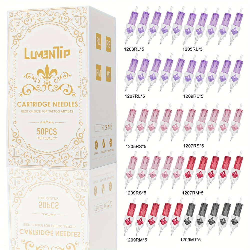 Tattoo Cartridge Needles with LumenTip Label, 20 or 50-Piece #12 RL RS RM M1 Cartridge Pack Choices