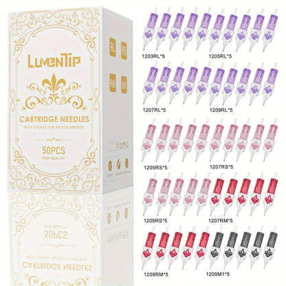 Tattoo Cartridge Needles with LumenTip Label, 20 or 50-Piece #12 RL RS RM M1 Cartridge Pack Choices