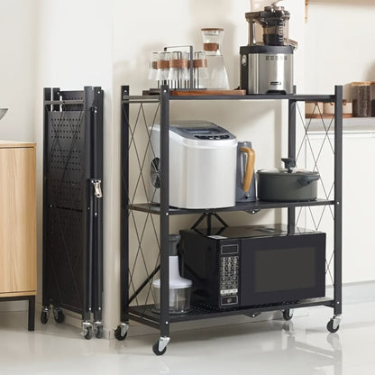 Three-Tier Foldable Storage Rack with Black Iron Shelves, Caster Wheels and 62cm-Wide Frame