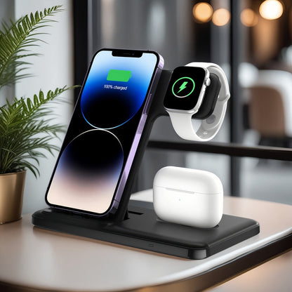 Wireless Charging Station, USB-C 3-in-1 Upright Dock for iPhone, Apple Watch and AirPods Models