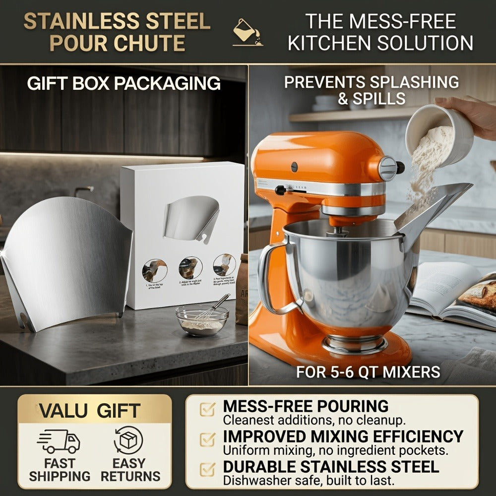 Stainless Steel Stand Mixer Pouring Chute for Select 4.5–8 Qt Tilt-Head and Bowl-Lift Mixers