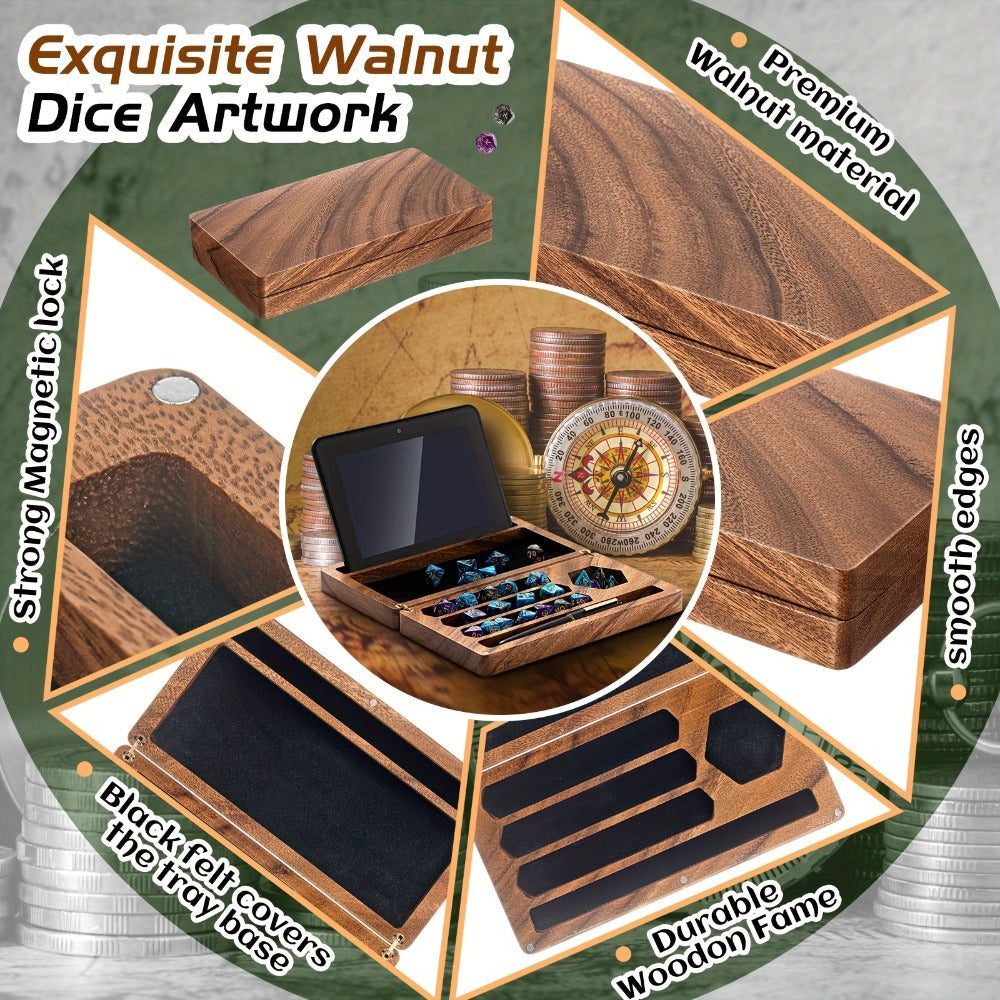 Walnut-Color Wooden Dice Storage Box with Magnetic Flip Lid, Rolling Tray and Phone or Tablet Stand