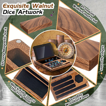 Walnut-Color Wooden Dice Storage Box with Magnetic Flip Lid, Rolling Tray and Phone or Tablet Stand