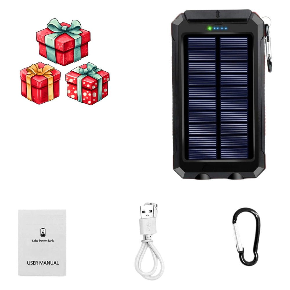 Solar Power Bank 20000mAh Outdoor Portable Charger with LED Flashlight SOS Compass & Carabiner Hook – Dual USB Waterproof Battery Pack for Camping Hiking Backpacking Emergency Survival Gear Gift