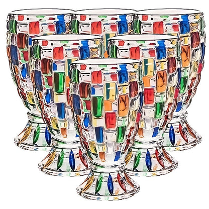 Mosaic-Pattern Drinking Glasses with Footed Bases, Two- or Six-Piece Colorful Goblet Sets for Table Settings
