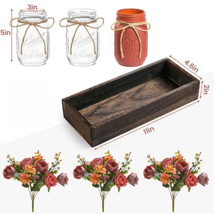 Mason Jar Centerpiece Table Decorations with Wood Tray & LED Lights – 3-Piece Farmhouse Decor Set for Dining Room, Kitchen, Living Room & Bathroom | Holiday Home Decor Gift